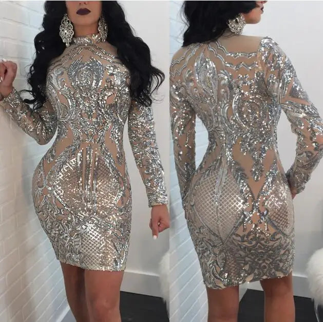 Silver Sparkly Long Sleeve Party Dress