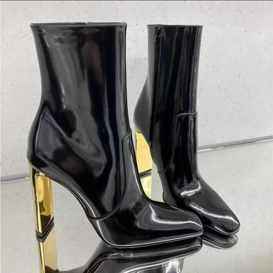 Pointed Toe Black Patent Leather Ankle Boots